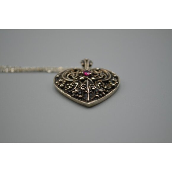 Sterling Silver Heart Pendant w Ruby Stone FM 83 Franklin Mint Filigree 925 - Picture 8 of 11